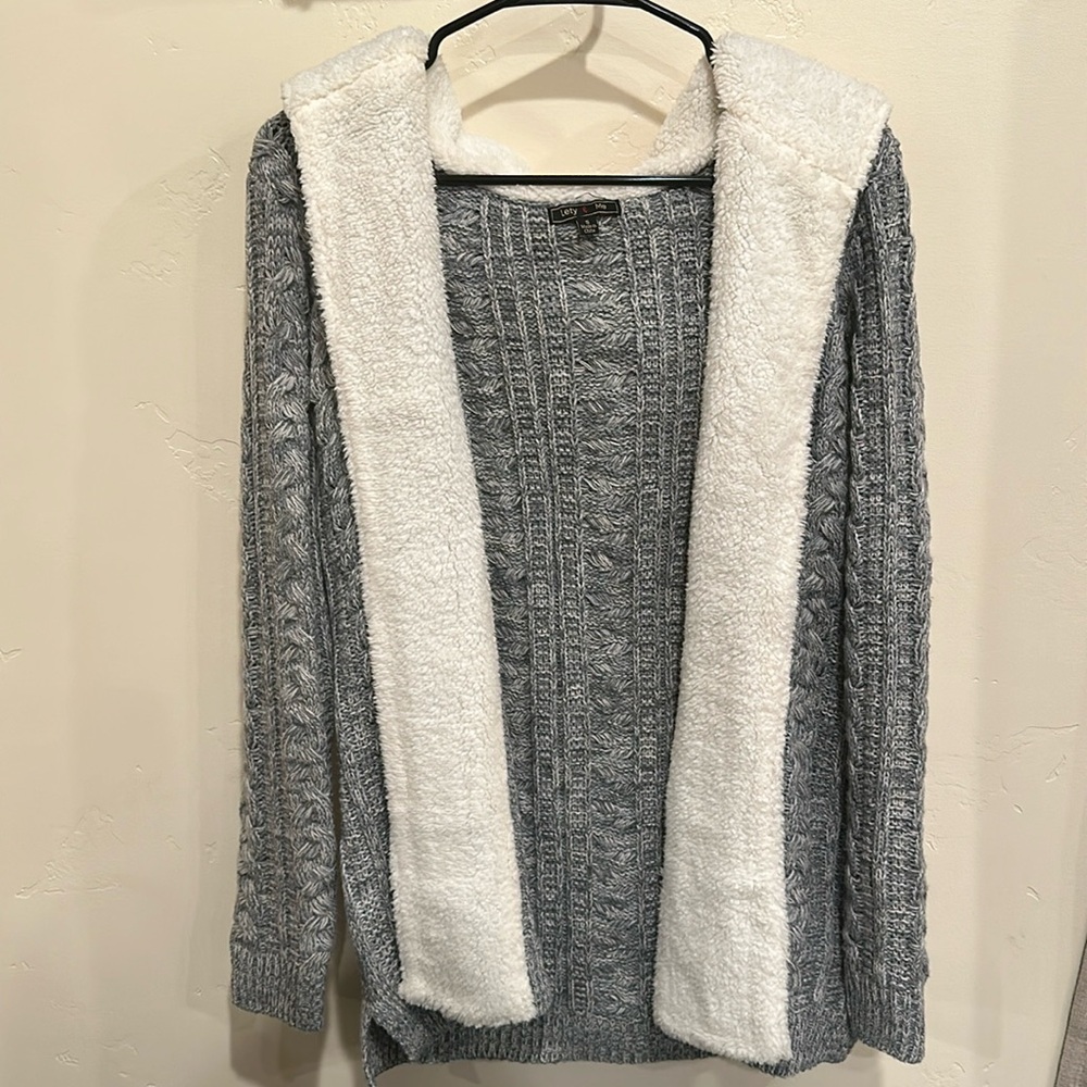 Hooded faux fur fuzzy cardigan